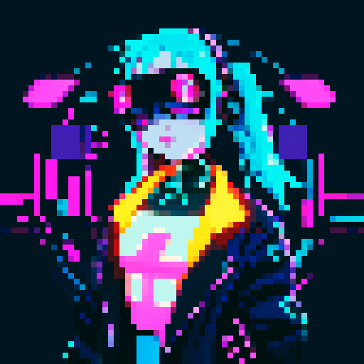 cyberpunk anime girl hacker, vibrant neon colors, futuristic cityscape backdrop, glitchy pixel art aesthetic, 16-bit animation style, glowing LED tattoos, pixelated holographic interface, electric blue hair, cybernetic augmentations, glowing cyber eyes, virtual reality headset, digital code flowing around her, futuristic cyberpunk fashion