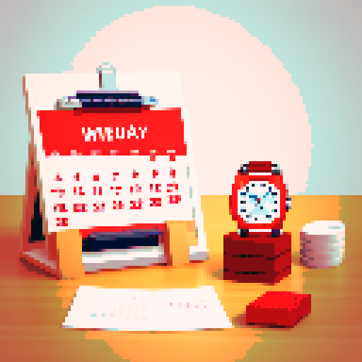 image that has a calendar hanging or on top of a table, with one or two days that are crossed out, and also that the weekends are in red. There is also money on the table, or somewhere. And a watch too. All in pixel art