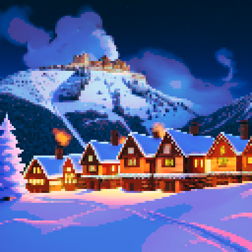 snow-covered rooftops, smoke rising from chimneys, snow-capped mountains, narrow cobblestone streets, frosted windows, glowing fireplaces, pine trees adorned with colorful lights, cozy wooden cabins