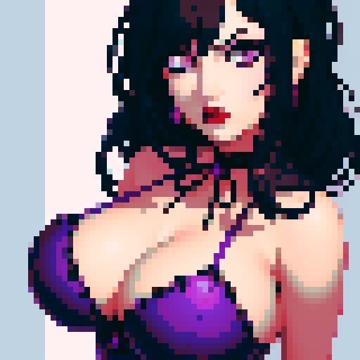 curvy, cute, goth girl,  black hair, purple eyeshadow, red lipstick. Nude glamour shot.