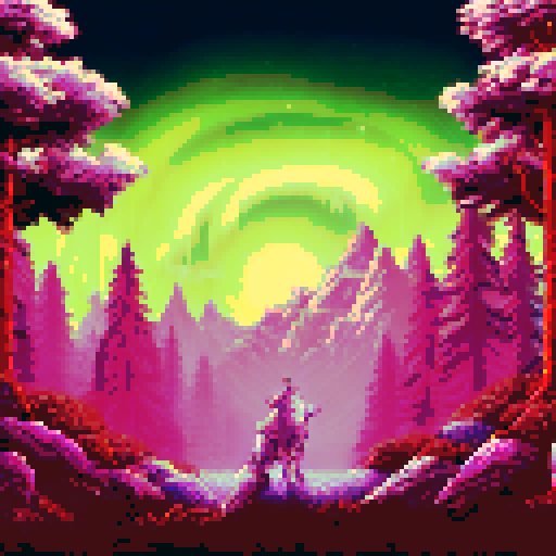 A majestic wolf howling at the Aurora Borealis, set against a snowy mountain backdrop, surrounded by pine trees and illuminated by the vibrant hues of a pixel art sky