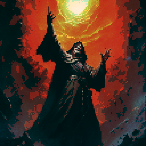 Fire wizard showing off his power in a dark cave. Fantasy rpg style. Medieval style 