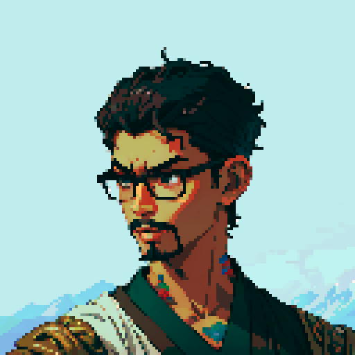Southeast Asian man, short curly hair, round glasses, tanned, goatee, diamond shaped face, black eyes, age 25, wearing a robe