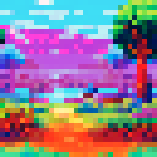 pixel art landscape with tall, vibrant trees, whimsical mushrooms, cozy houses, and colorful flowers