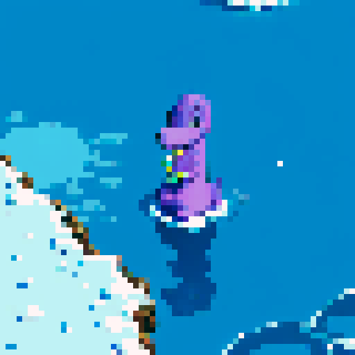Large purple smiling loch ness dinosaur, frozen lake, winter, monkey on top