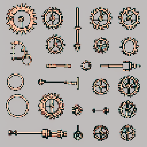 I want a copper gear that looks like it was made by a master clockmaker. It should have strange mechanical details that could interlock with each other. I also want this object usable an asset in a videogame, meaning only one object per image, outlined with a strong black stroke, on a solid-color background.