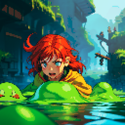 hero sinking into slime, hero drowning in slime, hero has red hair