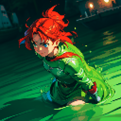 hero sinking into slime, hero drowning in slime, hero has red hair, hero has silver armor