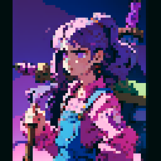 nerdy character, purple-haired, overalls-wearing, small hammer-wielding, jrpg-style, sRGB, pixel art
