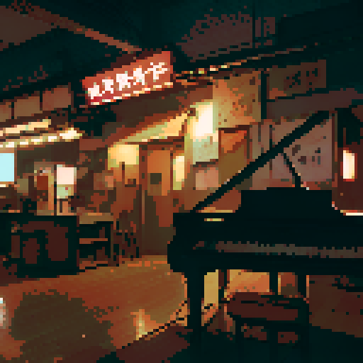 Indoor, jazz bar, piano, neon sign, bar, high resolution, contrast, cozy, pixel art, detailed view, dreamy light