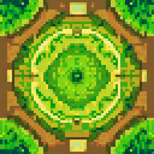 earth, grass, vibrant shades of green, intricate pixelated details, lively tufts of grass, textured soil, contrasting brown hues, seamless tile pattern, 2D game art, sRGB color space tile