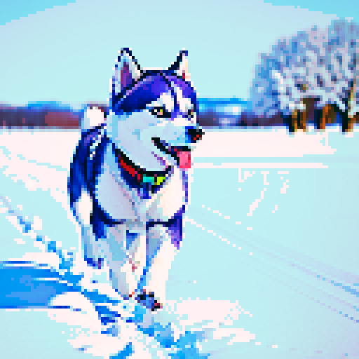cute husky dog, running in a snowy field, winter wonderland, vibrant colors