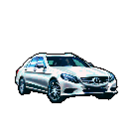 Photorealistic whole Mercedes E class, three-quarter view, right front wheel, clean background, sRGB colors, pixel art style