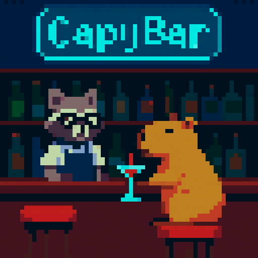 Создай пиксель-арт. Сцена: Капибара на барном стуле пьёт коктейль через трубочку. За стойкой: енот-бармен в очках. На фоне: полки с бутылками, неоновая вывеска "CapyBar" (бирюзовый свет). Стиль: чёткие пиксели (no anti-aliasing), плоские цвета.