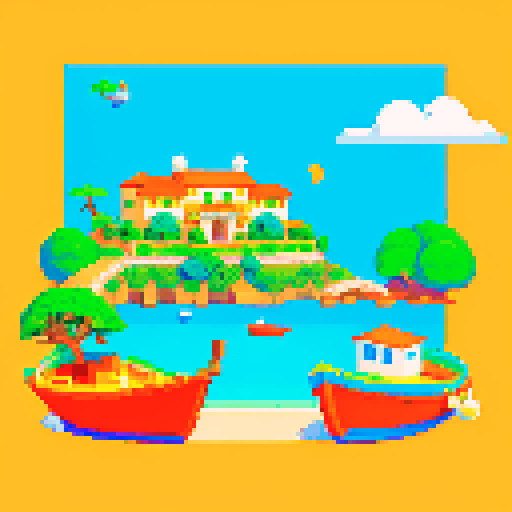 island with orange-roofed Italian homes, boats, small beach, pixel art, sRGB, muted colors, ghibli