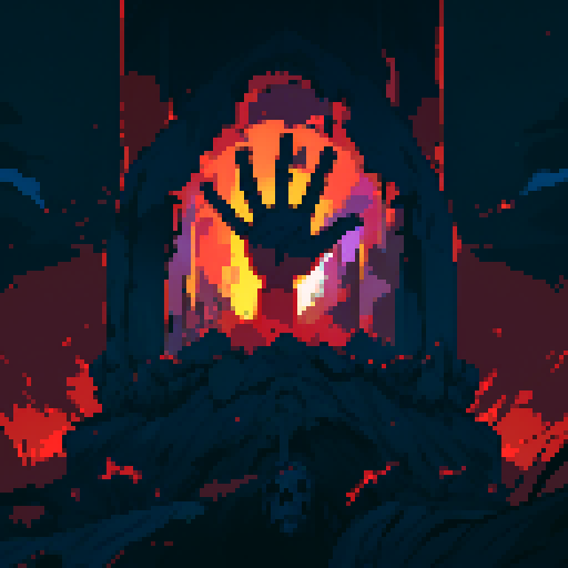 Hang with tattered clothes, eerie red glow, and bony fingers reaching out, emerging from a pixelated tomb in a hauntingly vibrant sRGB color palette