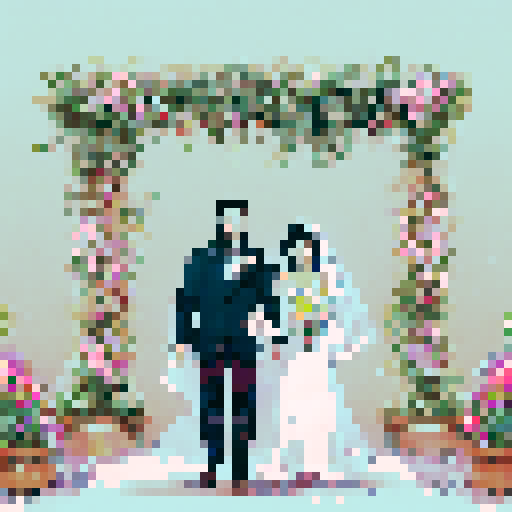 bride with fair skin, black hair, and tall stature, groom with ethnic features, under white cloth chuppah, at Jewish wedding, against black background, flat color pixel art, sRGB emphasized, landscape portrait