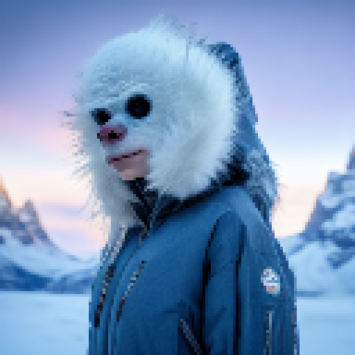 Nerdy woman, bundled in a puffy coat, braves the frozen tundra on a fantastical yeti steed, exploring a mysterious sci-fi world with otherworldly ice sculptures and a mystical aurora borealis painting the sky.