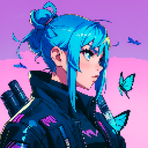 Girl with blue hair and blue butterflies, cyberpunk city background