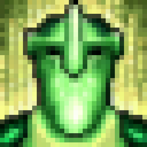 Cyber-knight scans verdant world with towering flora, glowing bioluminescence, & floating drones in a sleek, futuristic game icon art style; close-up, pixel art portrait.
