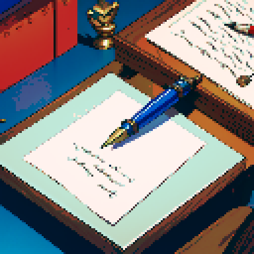 block, wood, isometric, medieval, writing table, feather pen, ink, paper, papers, royal seal, law,