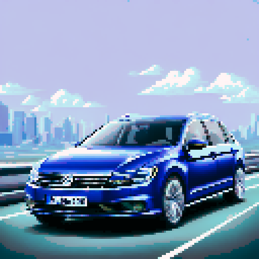 Photorealistic whole Volkswagen Passat, centered, three-quarter view, right front wheel, clean background, realistic colors, pixel art style