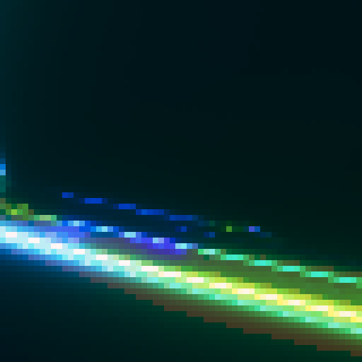 "Futuristic, pixelated spaceships with neon blue and yellow designs zoom through a digital landscape, leaving behind vibrant trails of light."