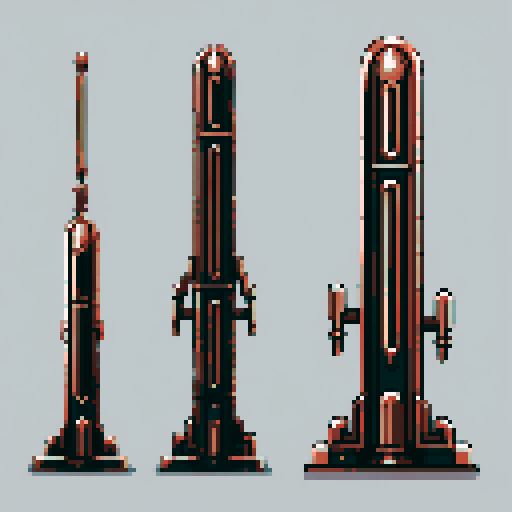 I want a tall vertical copper structure reminiscent of a organ pipe. It should have strange mechanical details that could interlock with each other. I also want this object usable an asset in a videogame, meaning only one object per image, outlined with a strong black stroke, on a solid-color background.