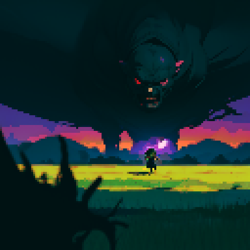 a child run away from a black clouds that follow him, in a swamp, dark color with domination of purple and green