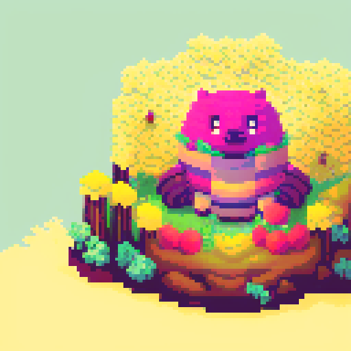 Honey badger, lovely, pixel art, vibrant colors, playful stance, surrounded by buzzing bees, honey dripping from its paws, whimsical flowers in the background