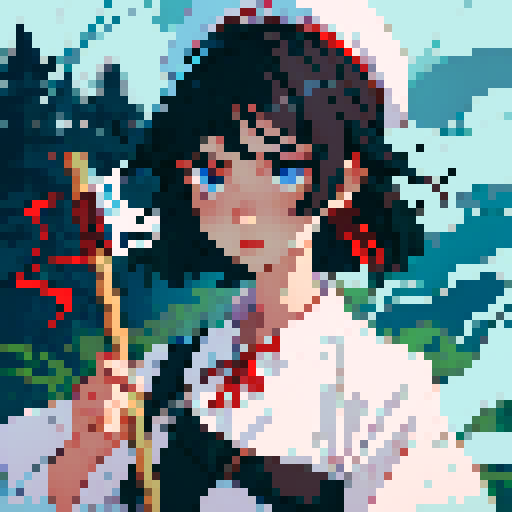 A girl, blue eyes, short black hair, white shirt, beige hat, red neck ribbon, holding an incense stick, night time in the forest background.