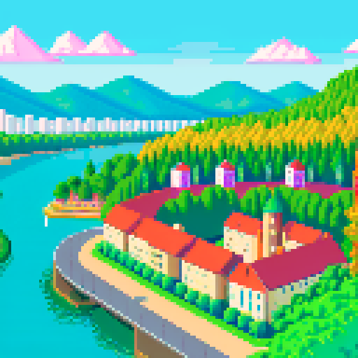 high school towering overlooking a bay, morning, forest, river, 