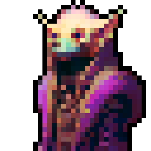 
make a 16x16 pixelart video game style sprite of a gothic style mini monster with sinuous hood and mystical colors