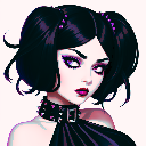 curvy, busty goth girls face, whole head portrait, black hair, purple eyeshadow, red lipstick, low black studded leather halter top, studded collar, vibrant srgb colors, edgy aesthetic