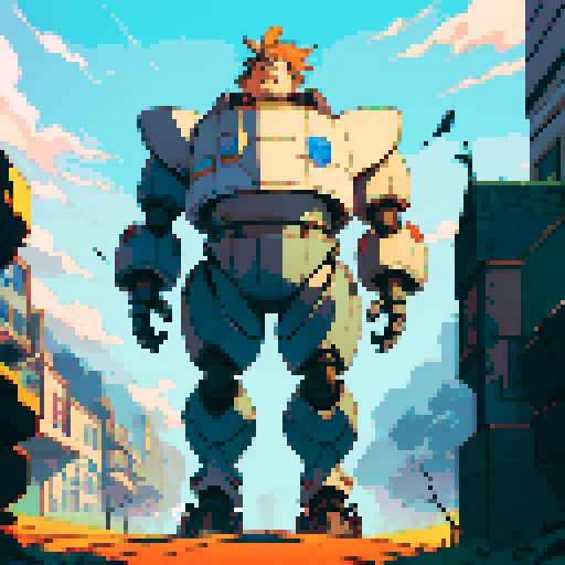 fat mad scientist, facing left, full-body image, exaggerated features, pixelated details, giant robot, mechanical limbs, robot workshop backdrop, sRGB color palette