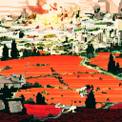 Heroes facing the sunset standing in a flourishing fields with lush greenery wind turbines and solar panels