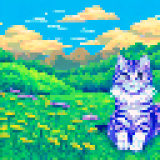 Fluffy feline lounging on a vibrant, grassy hill, surrounded by colorful wildflowers and a picturesque, blue sky backdrop
