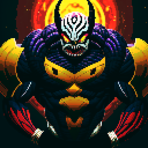 African American Dragon Ball Z Marvel Venom character, obsidian skin, muscular agility, urban cosmic fashion, glowing determined eyes, venom-like patterns, red and black veins, futuristic armor, energy gloves, fierce protector, noble anti-hero, symbiotic cosmic journey, interstellar guardian, pixel art, sRGB