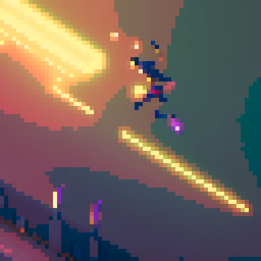 Ekko dashes across the pixelated rooftop, vibrant sRGB colors illuminating his futuristic outfit as he leaps over obstacles and outruns his enemies.