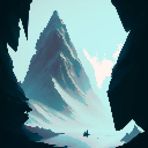 Minimalist, black and white, geometric shapes with sharp edges. Rocky terrain, jagged peaks, steep inclines, dizzying heights, perilous drops, whipping wind, and a breathtaking view.