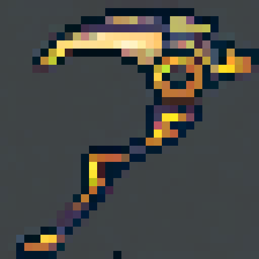 Scythe, black and gold, glowing, modern style, 32x, fantasy RPG-inspired