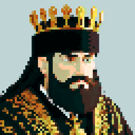 king, regal, black crown, majestic, stoic expression, sharp features, beard, silver accents, royal robe, intricate embroidery, game icon, 32x32 pixel art, sRGB, skill art, close up, portrait