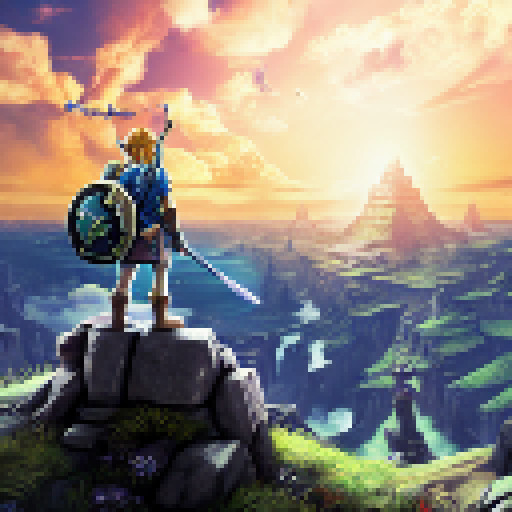 Link from legend of zelda standing on a mountaintop overlooking Hyrule field