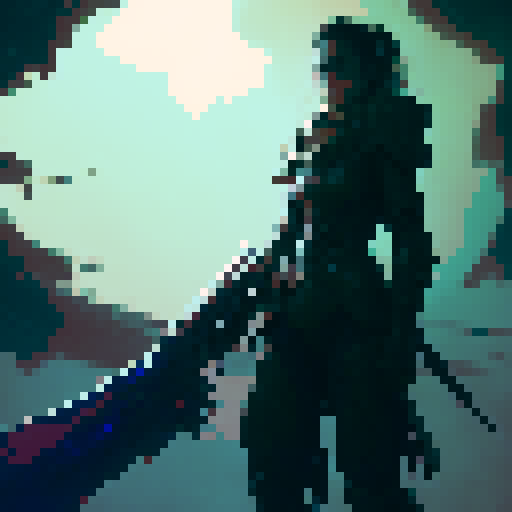 female swordsman, tall and confident, wielding a gleaming sword, standing defiantly before a towering, otherworldly space monster, its grotesque form shrouded in darkness, a scene straight out of a captivating fantasy RPG like Phantasy Star