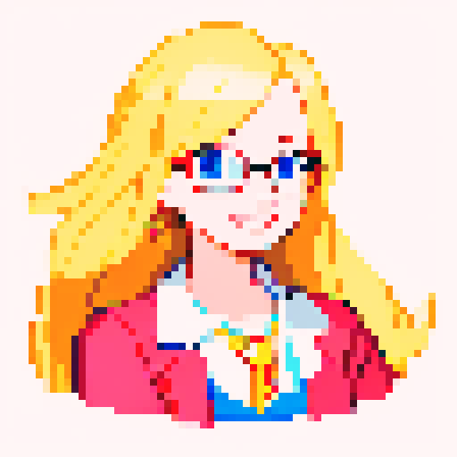 Smart girl with glasses, with average breasts, mathematics, playful, cheerful, smiling, with a pointer in her hand, face, long blond hair, character portrait, rendered in a vibrant anime style with intricate pixel art details
