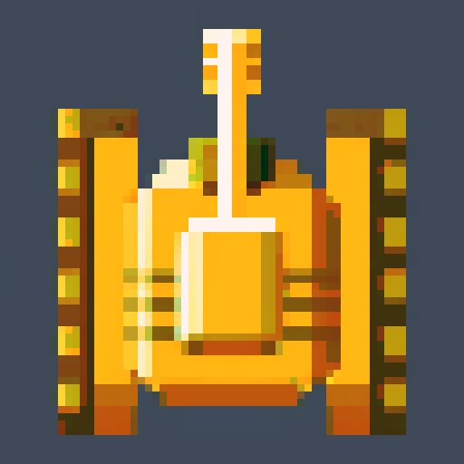 small tank, top-view, game sprite, 32x32 pixel art, sRGB, 2d game art, close up, yellow main color, double turret, longer cannons, tracks, tranparent background, game sprite, symmetry