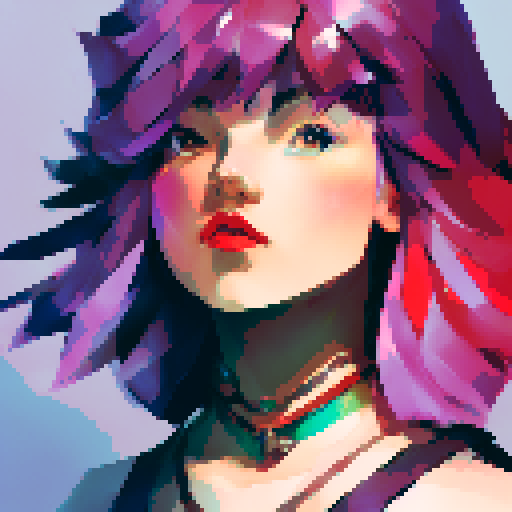 Thicc, busty goth girl, with long purple hair, eyeliner, red lipstick. wearing a halter top and spiked collar. Posing for a up close face portrait. vibrant sRGB colors, pixel art,