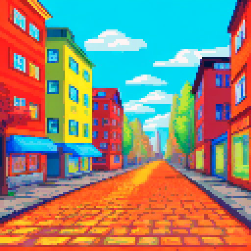 Stockholm's quaint old street, cobblestones glinting in the sun, lined with colorful buildings and towering trees, all framed by a vast blue sky in pixel art style against an sRGB background