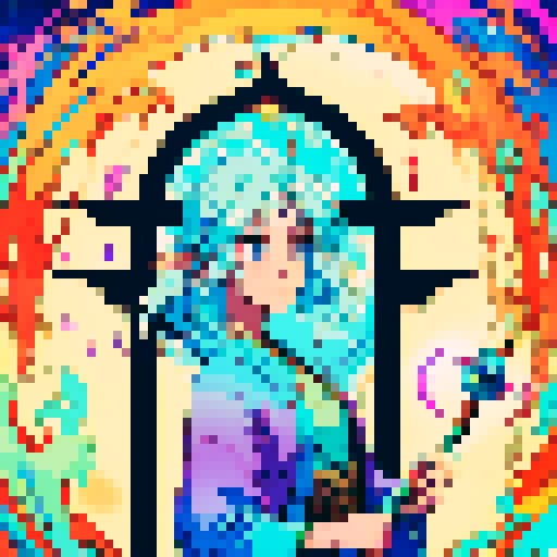 wizard, pixelated character, vibrant colors, magical staff, flowing robes, glowing runes, enchanted forest, shimmering spell, sparkling fireball, swirling vortex, whimsical creatures, old tome, ancient ruins, mystical symbols, ethereal glow, intricate details, nostalgic video game vibes, retro aesthetic, vibrant pixel art, magical ambiance