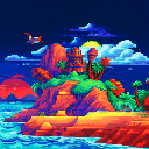 Robot turtles, vibrant colors, pixelated waves, rocky cliffs, palm trees, sunset sky, sandy beach, sparkling ocean, seagulls flying, tropical paradise, sRGB, background, landscape